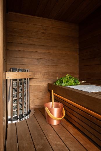 Kirami FinVision® -sauna S Nordic misty, Harvia Glow Corner kiuas